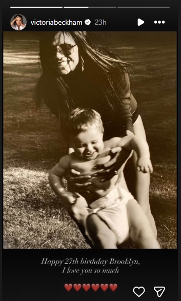 Victoria Beckham shared this black-and-white throwback of herself playing with a young Brooklyn Peltz Beckham outdoors as part of a birthday tribute posted to her Instagram Story on March 4, 2026. The nostalgic image captured a candid moment between mother and son, accompanied by a message celebrating his 27th birthday and expressing how much she loves him. | Source: Instagram/victoriabeckham