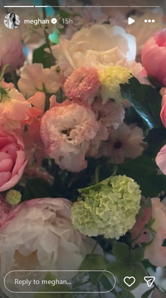 A close-up shot reveals the full, abundant arrangement in detail &mdash; blush peonies, coral and cream lisianthus, yellow button blooms, and a cluster of pale green hydrangeas packed tightly together in a riot of soft spring colour. The richly layered composition fills the entire frame, with deep green foliage woven throughout. | Source: Instagram/meghan