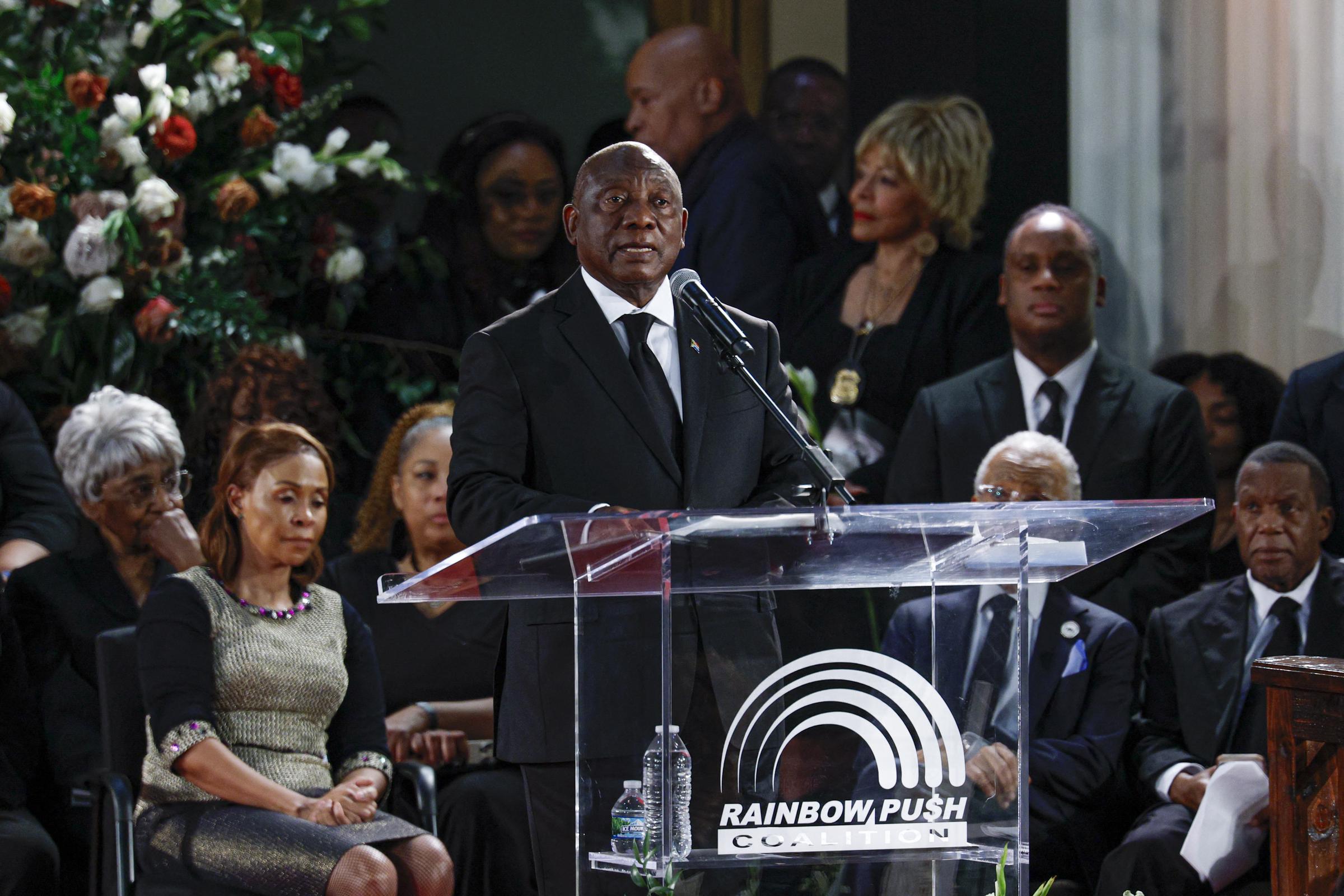 South African President Cyril Ramaphosa speaking at the private memorial service for Jesse Jackson at the Rainbow PUSH Coalition headquarters in Chicago, Illinois on March 7, 2026. | Source: Getty Images