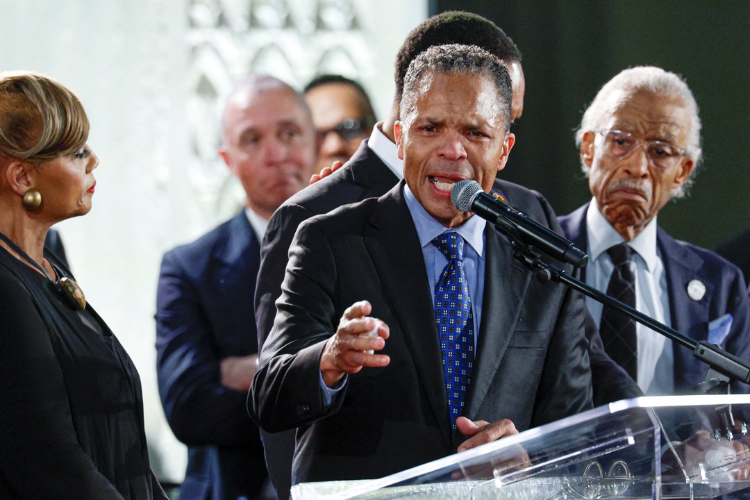 Jesse Jackson Jr. getting emotional during his speech at his father's  private memorial service at at the Rainbow PUSH Coalition headquarters in Chicago, Illinois on March 7, 2026. | Source: Getty Images