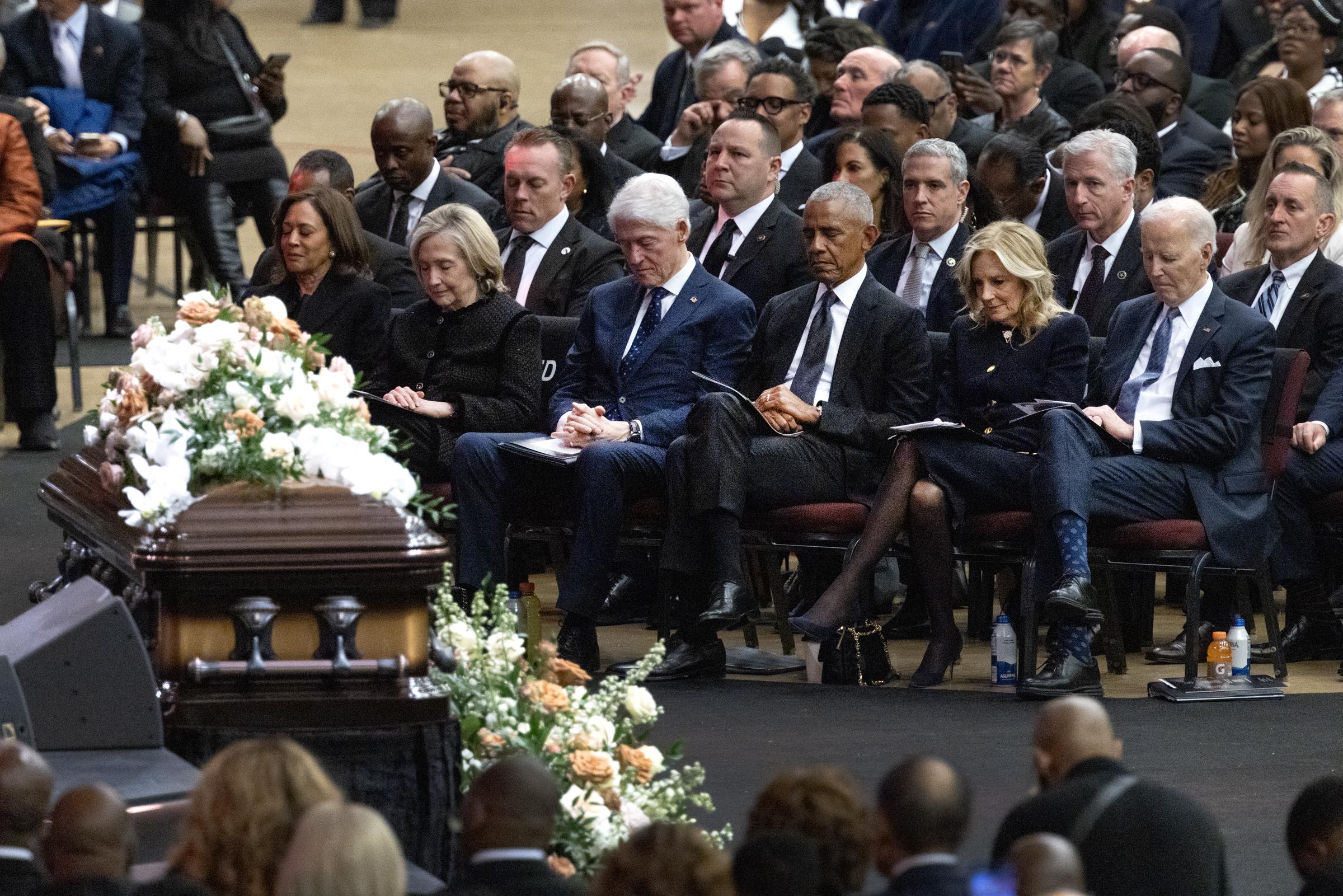 Kamala Harris, Hillary Clinton, Bill Clinton, Barack Obama, Jill Biden, and Joe Biden during the memorial service for Jesse Jackson. | Source: Getty Images