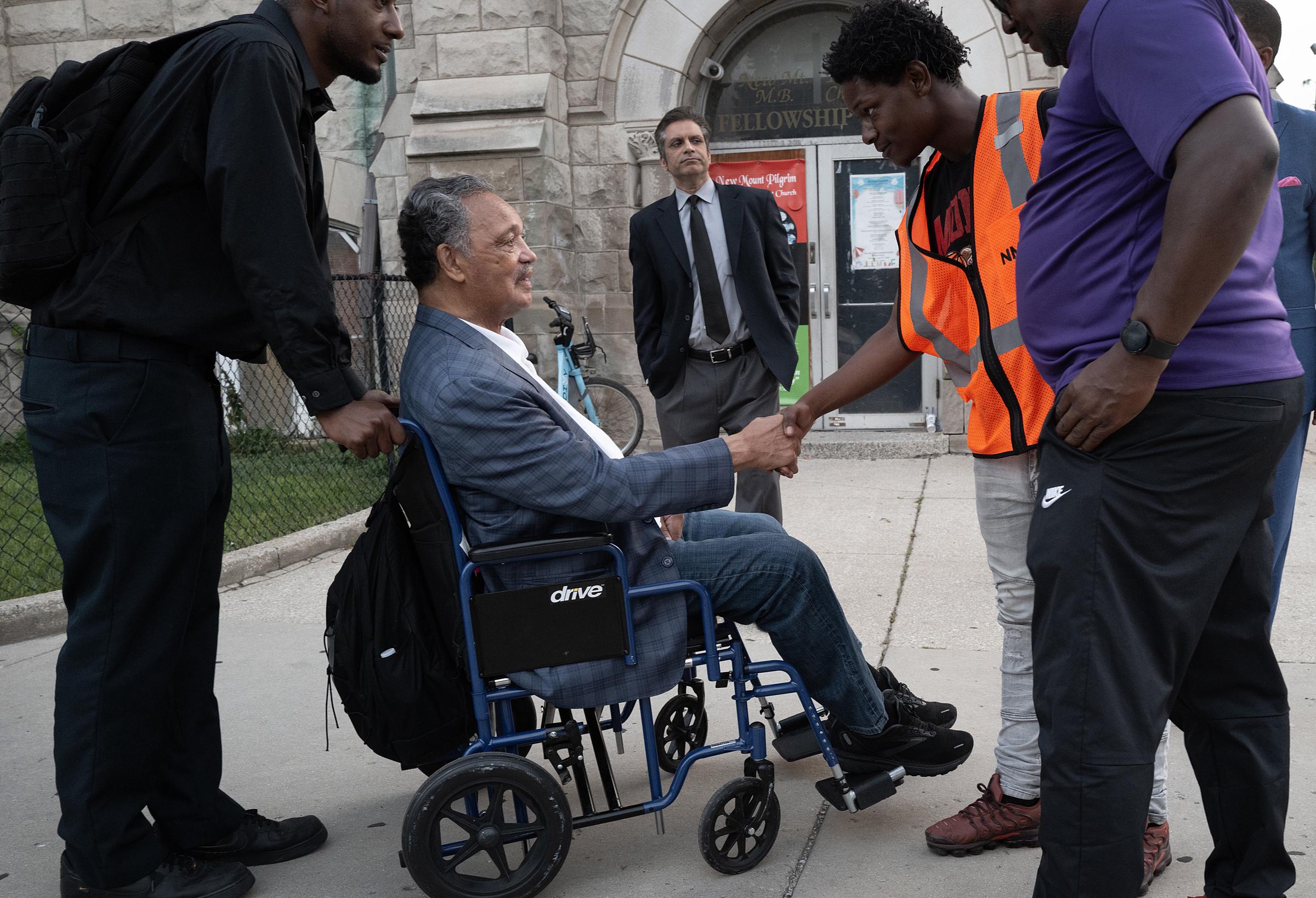 Jesse Jackson is greeted as he leaves a rally for Sonya Massey at New Mount Pilgrim Church on July 30, 2024. | Source: Getty Images
