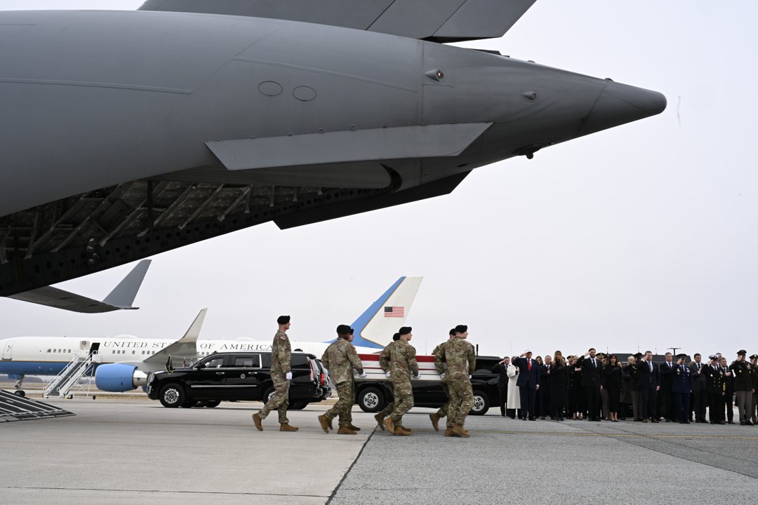 U.S. Army carry team moves a flag-draped transfer case containing the remains of Chief Warrant Officer 3 Robert M. Marzan at Dover Air Force Base on March 7, 2026 in Dover, Delaware | Source: Getty Images