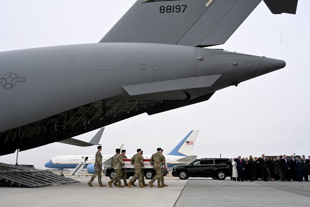 U.S. Army carry team moves a flag-draped transfer case containing the remains of Chief Warrant Officer 3 Robert M. Marzan at Dover Air Force Base on March 7, 2026 in Dover, Delaware | Source: Getty Images