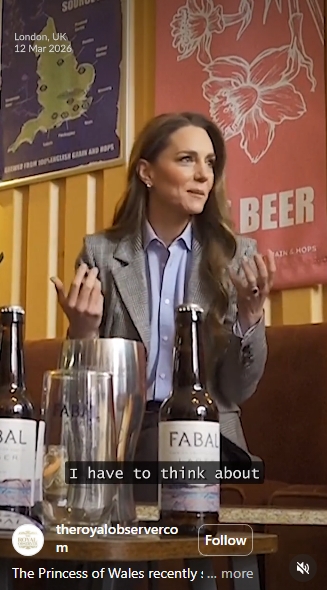 Hands animated, the Princess of Wales is caught mid-sentence at Fabal Beerhall on 12 March 2026, in a screen grab from the same video circulated widely online &mdash; the caption beneath her reading 