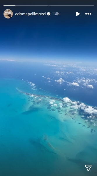 Edoardo Mapelli Mozzi shared a sweeping aerial view of deep blue ocean waters, pale sandbanks, and drifting cloud cover while travelling, capturing a dramatic stretch of coastline from high above in an Instagram Story posted on March 4, 2026, as he flew over the region during his latest business trip to Florida for work tied to his property and design firm, Banda Property. | Source: Instagram/edomapellimozzi