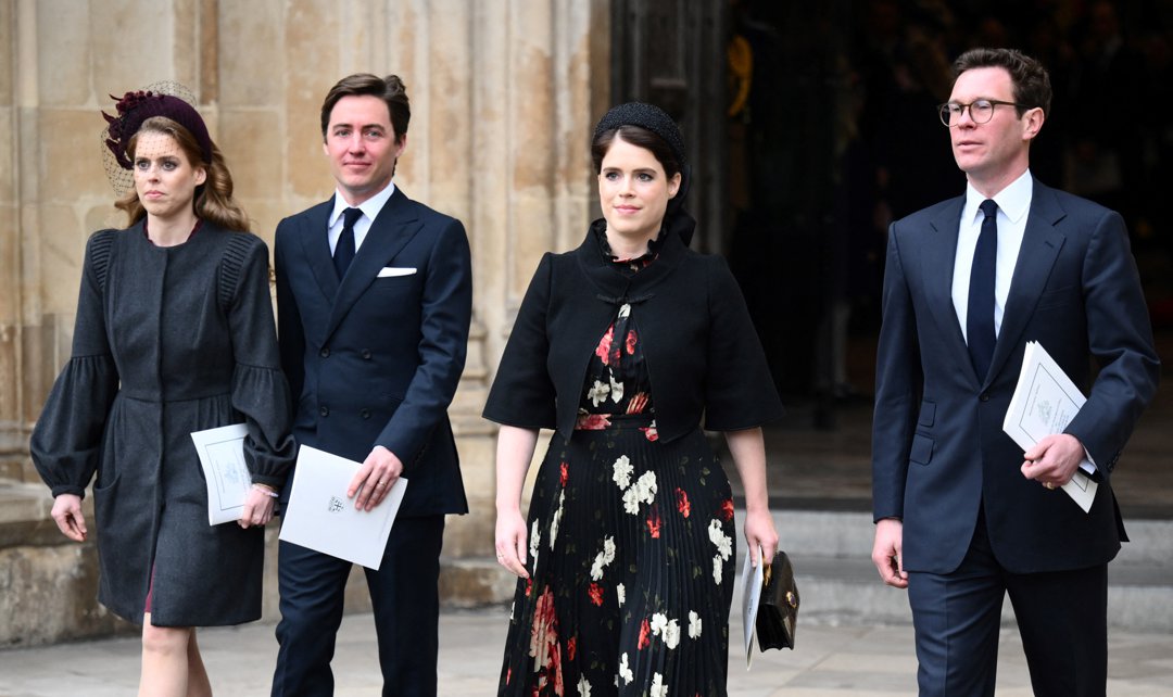 Princess Beatrice of York (L), Edoardo Mapelli Mozzi (2L), Princess Eugenie of York and Jack Brooksbank leave after attending a Service of Thanksgiving for Prince Philip, Duke of Edinburgh, at Westminster Abbey on 29 March 2022 in central London. | Source: Getty Images