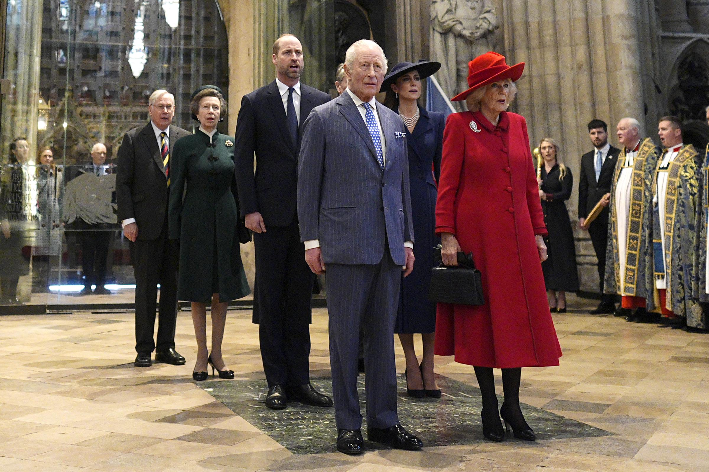 King Charles III and Queen Camilla stood at the front of the royal family group inside Westminster Abbey on 9 March 2026, flanked by the Prince and Princess of Wales, Princess Anne in her signature forest green, and the Duke of Gloucester, as the clergy in gold vestments lined up beside them in one of the most striking images of the day.