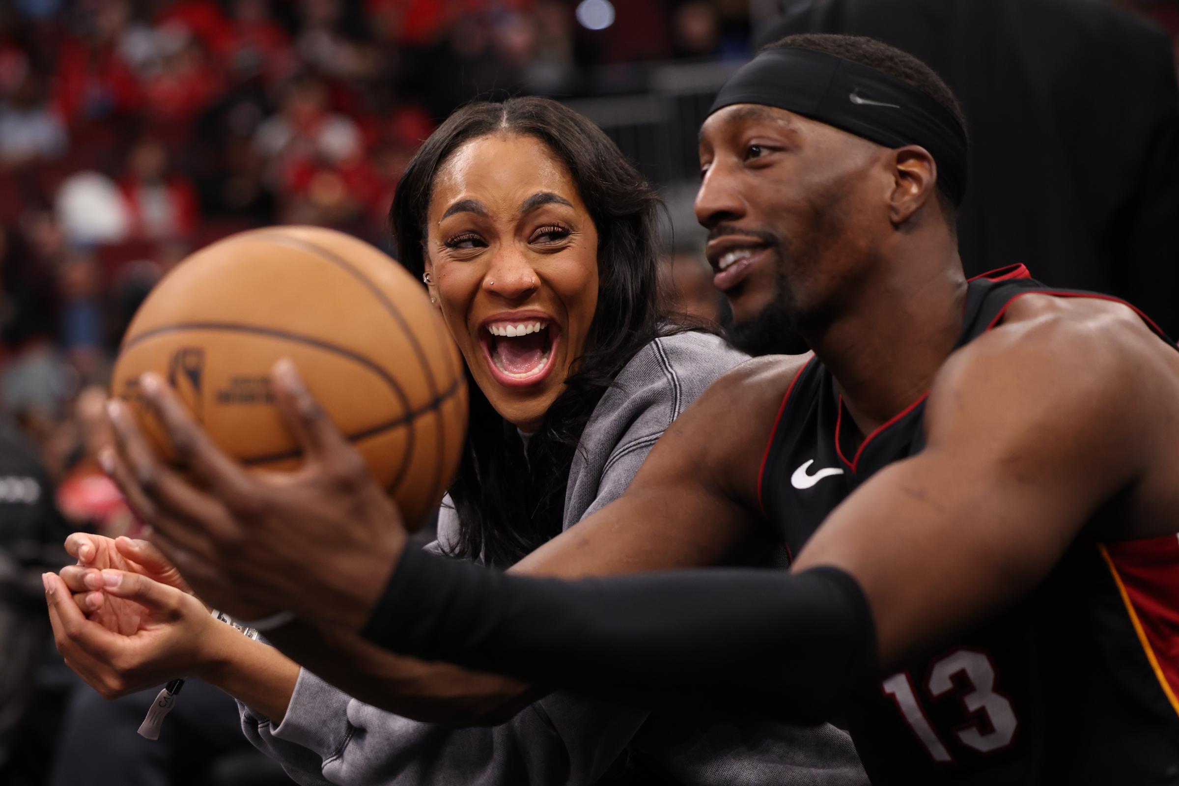 A'ja Wilson and Bam Adebayo look on before a game against the Chicago Bulls at the United Center on January 8, 2026, in Chicago, Illinois | Source: Getty Images