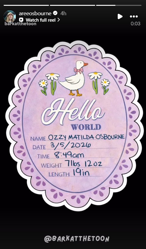 A screengrab of Aree Osbourne's Stories post, shared on 12 March 2026. | Source: Instagram/areeosbourne