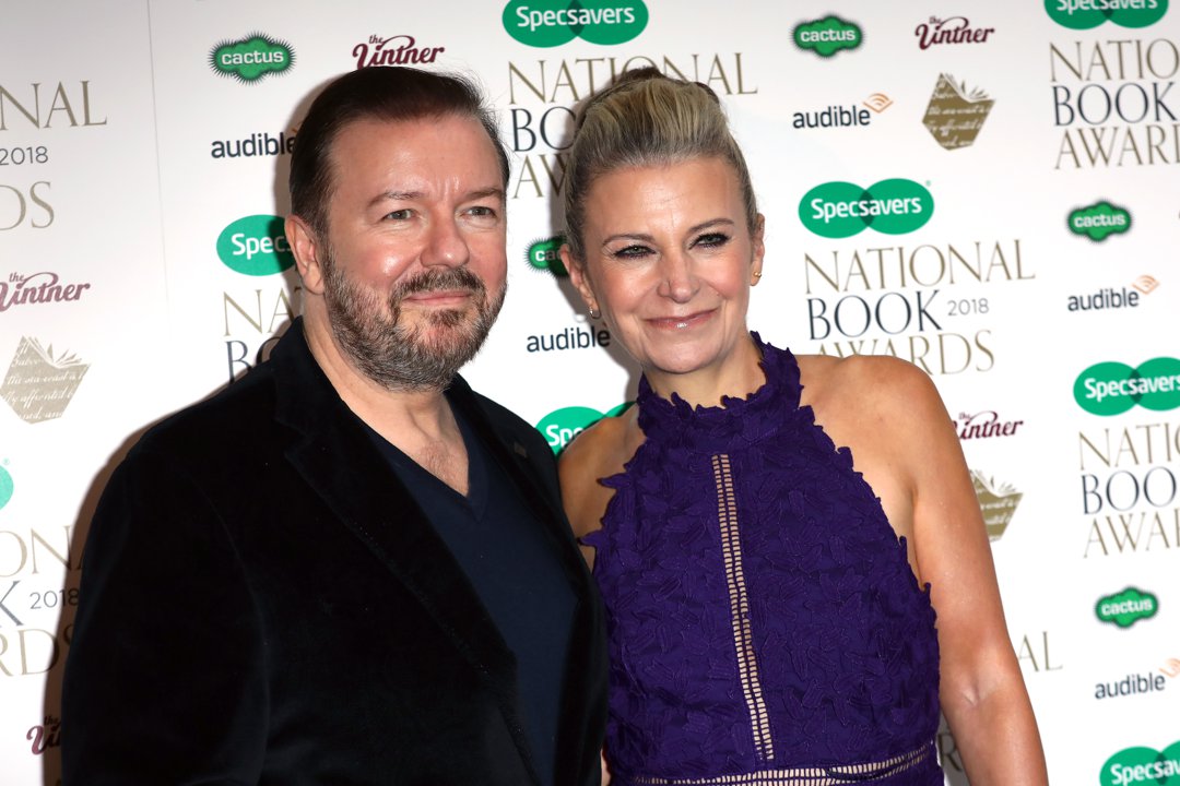 Ricky Gervais and Jane Fallon at the National Book Awards on 20 November 2018 in London, England. | Source: Getty Images