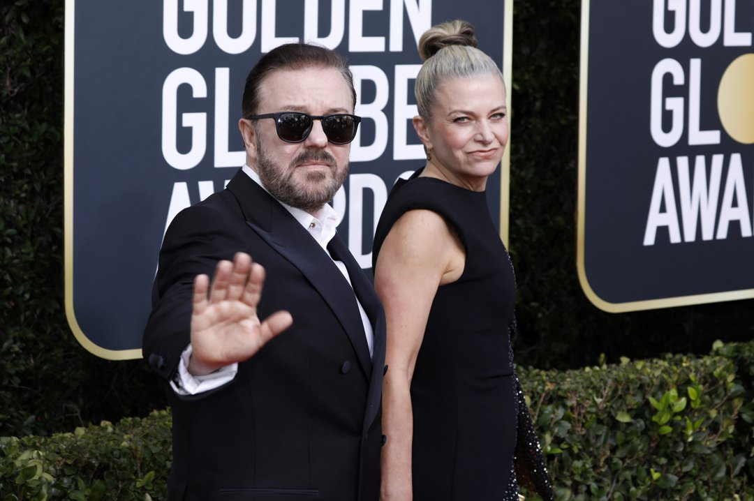 Ricky Gervais and Jane Fallon on the red carpet of the 77th Annual Golden Globe Awards on 5 January 2020 in California, United States. | Source: Getty Images