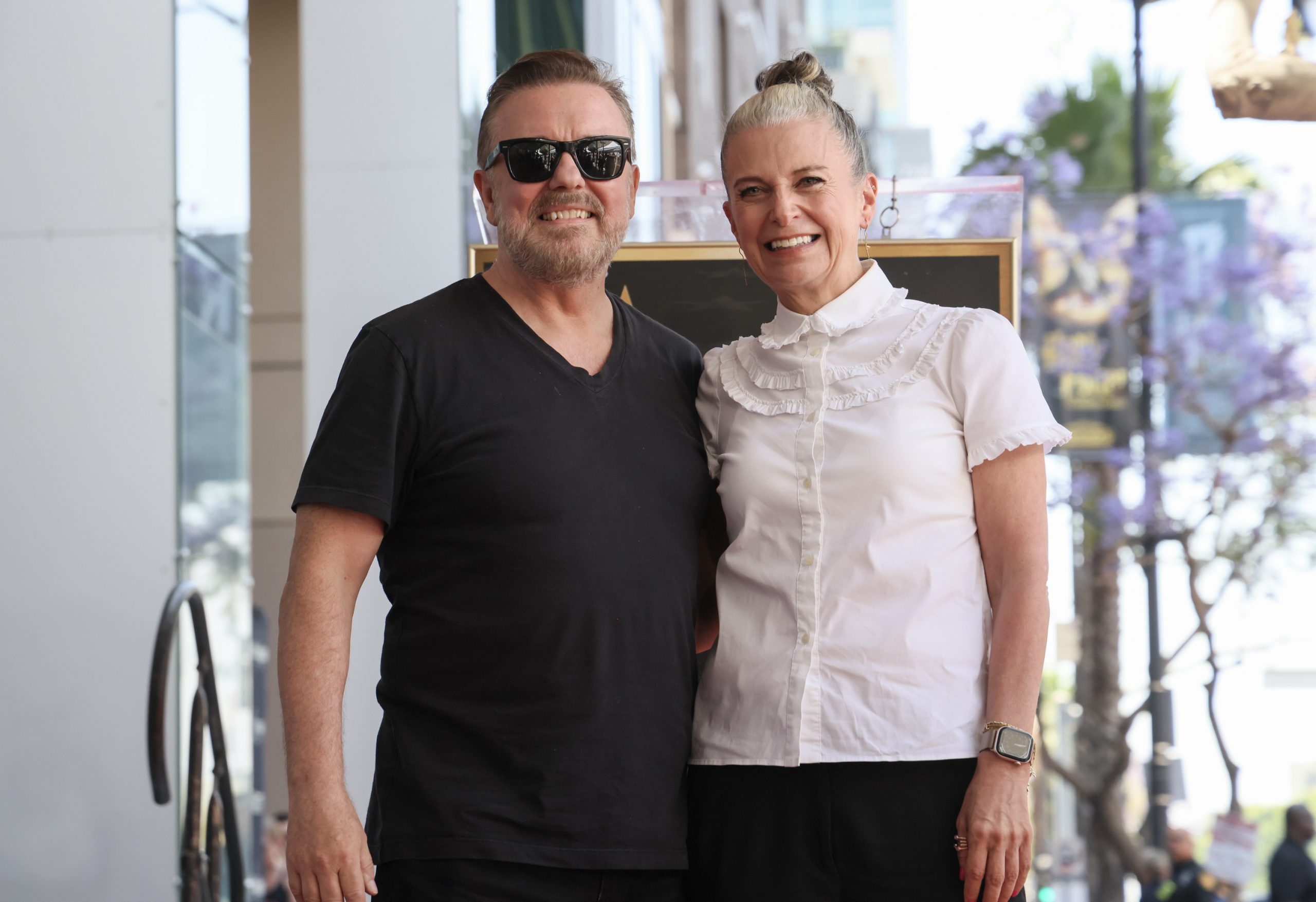 Ricky Gervais and Jane Fallon attend the ceremony honoring Ricky Gervais with a star on the Hollywood Walk of Fame on 30 May 2025 in Hollywood, California. | Source: Getty Images