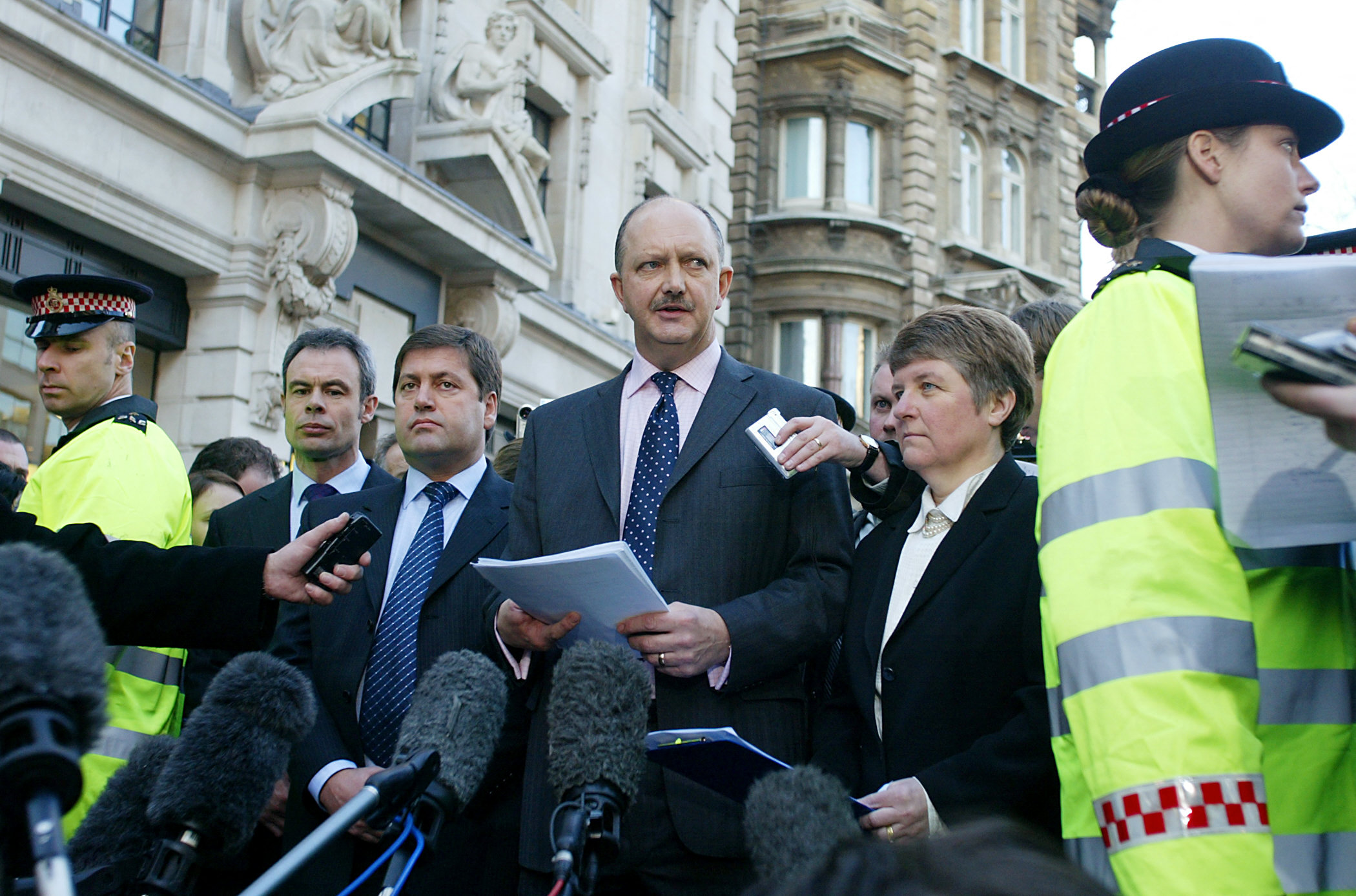 Deputy Chief Superintendent Chris Stevenson speaks to the media after Ian Huntley was sentenced to two life terms in prison for murdering 10-year-old school girls Holly Wells and Jessica Chapman and his girlfriend, Maxine Carr, was convicted of preventing the course of justice on December 17, 2003, in London, England. | Source: Getty Images