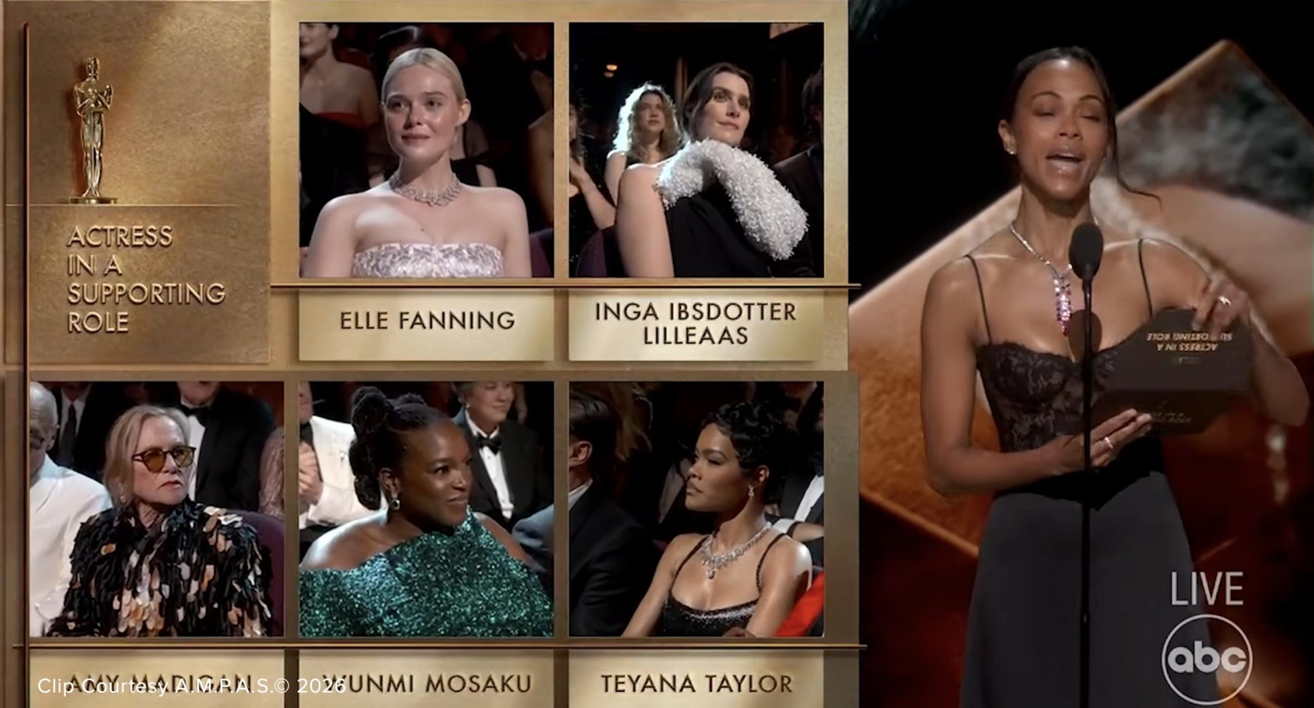 The Best Supporting Actress nominees appear on screen as Zoe Salda&ntilde;a prepares to reveal the winner | Source: YouTube/ABCNews