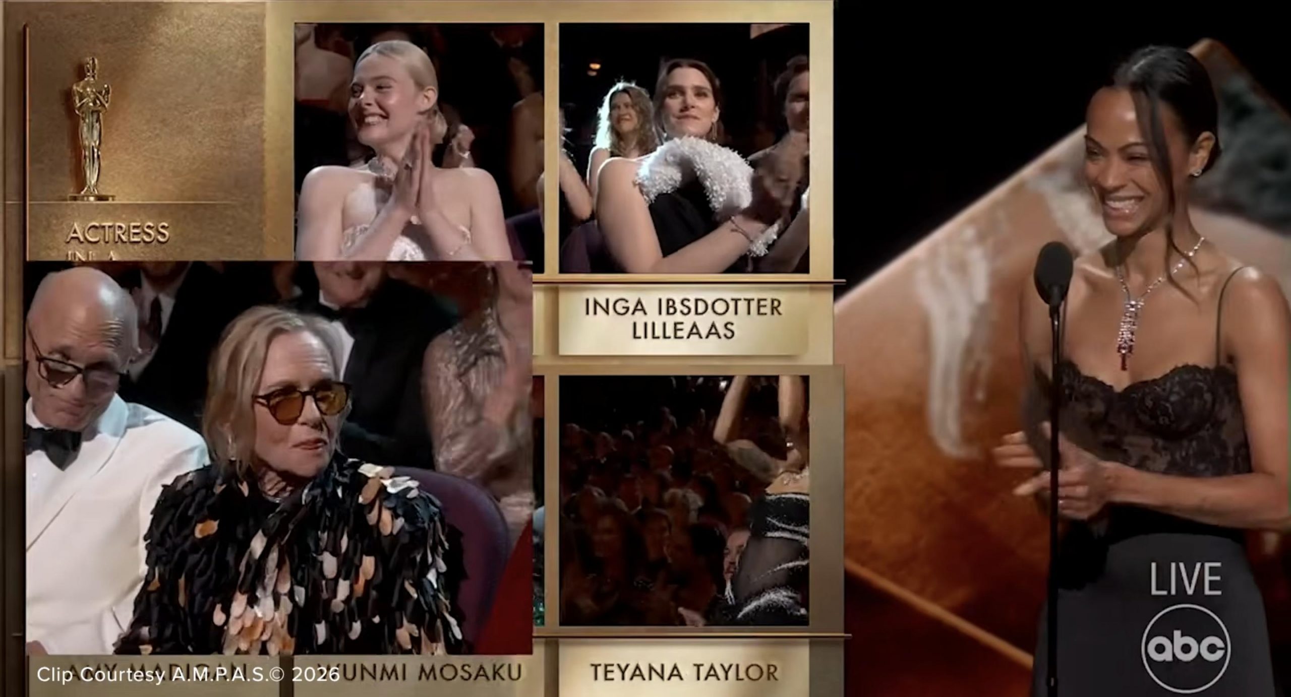 Amy Madigan looks on from the audience as the winner is revealed | Source: YouTube/ABCNews