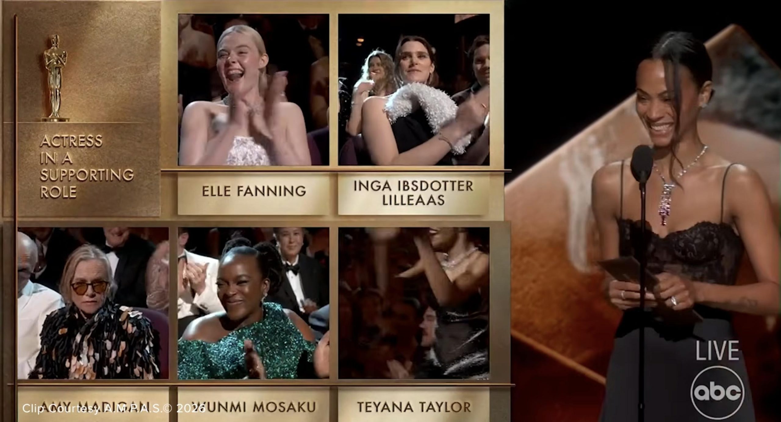 Nominees react as the result is announced during the live broadcast | Source: YouTube/ABCNews
