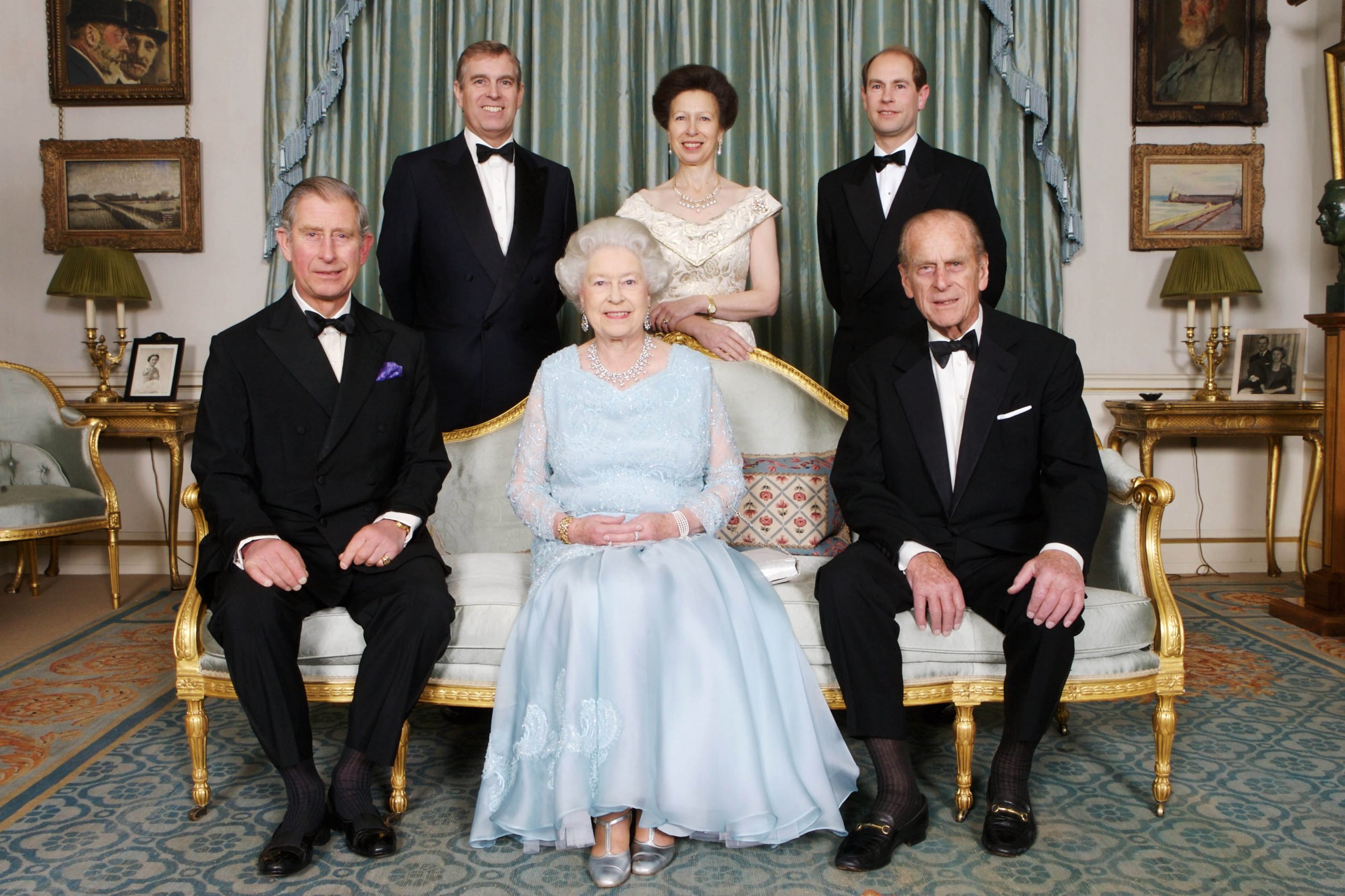 King Charles III, Queen Elizabeth II, Prince Philip, Andrew Mountbatten-Windsor, Princess Anne, and Prince Edward at Clarence House to mark the Diamond Wedding Anniversary of the Queen and Prince Philip on November 18, 2007, in London, England. | Source: Getty Images