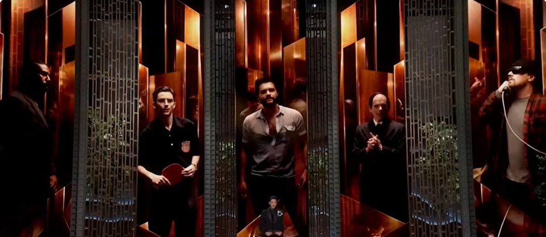 Michael B. Jordan, Timoth&eacute;e Chalamet, Wagner Moura, Ethan Hawke, and Leonardo DiCaprio stand in separate narrow compartments on a sleek, gold-lit set. | Source: YouTube/ABCNews