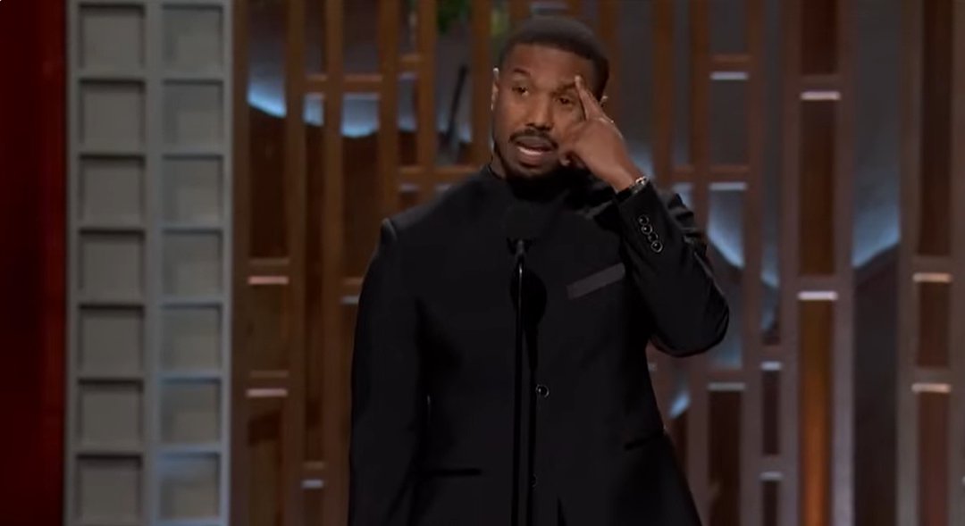 During his acceptance speech, Michael B. Jordan acknowledges his family in the audience while thanking Warner Bros and his co-stars in 