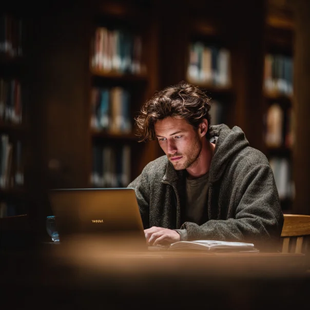 A man working on his laptop at the library | Source: Midjourney